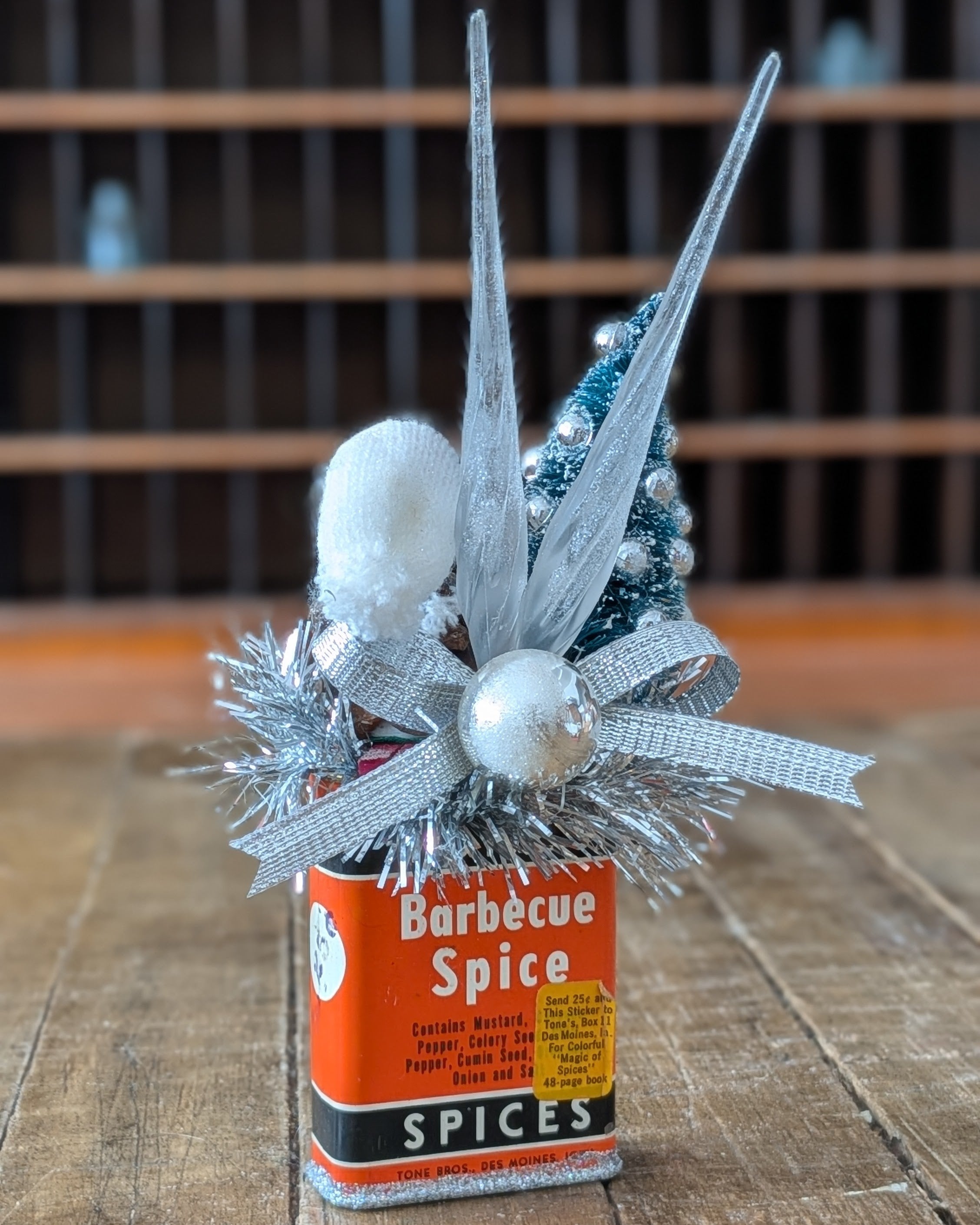 Handcrafted Vintage Barbecue Spice Tin Christmas Assemblage