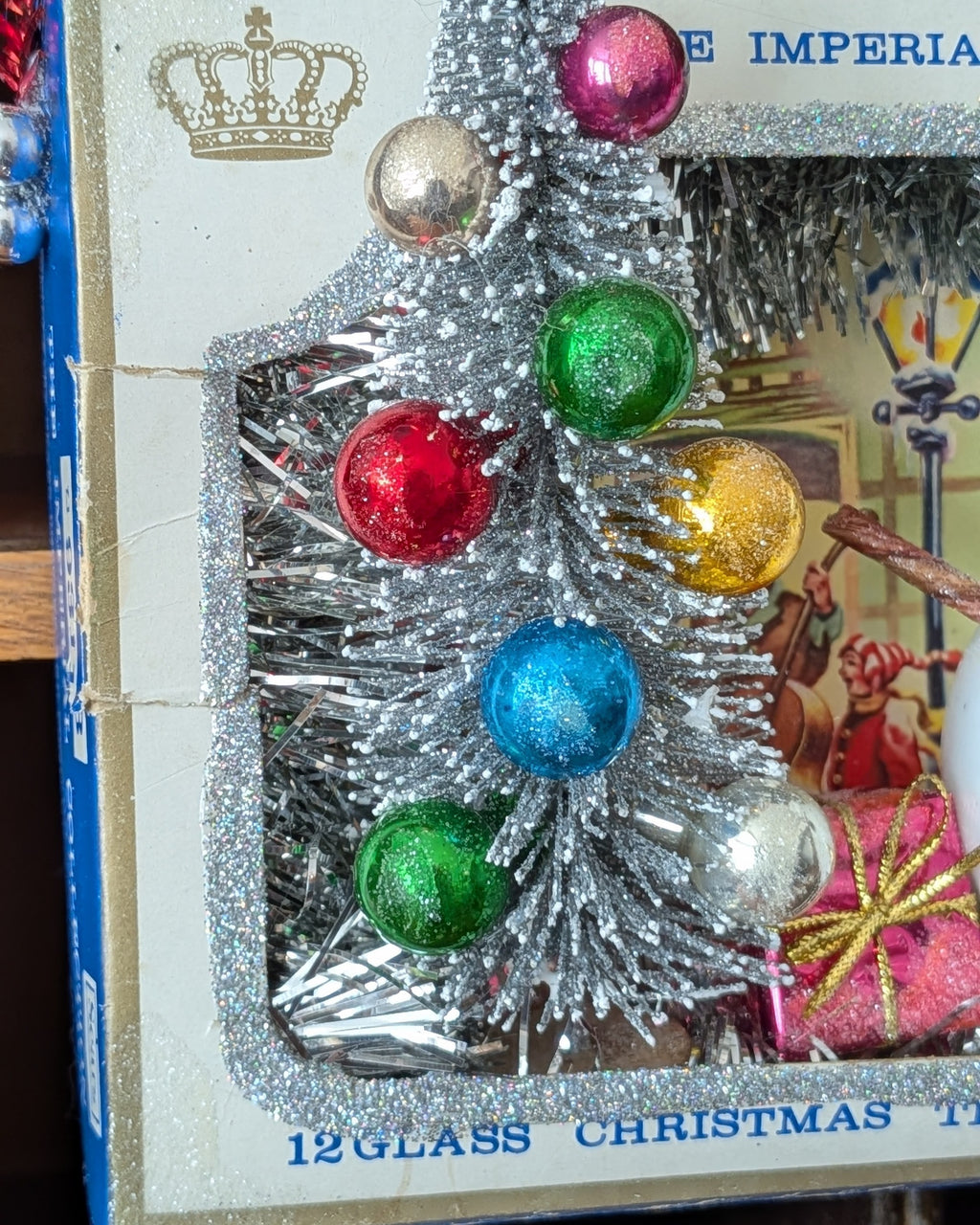 Handcrafted Vintage Sears Glass Tree Ornaments Box Assemblage