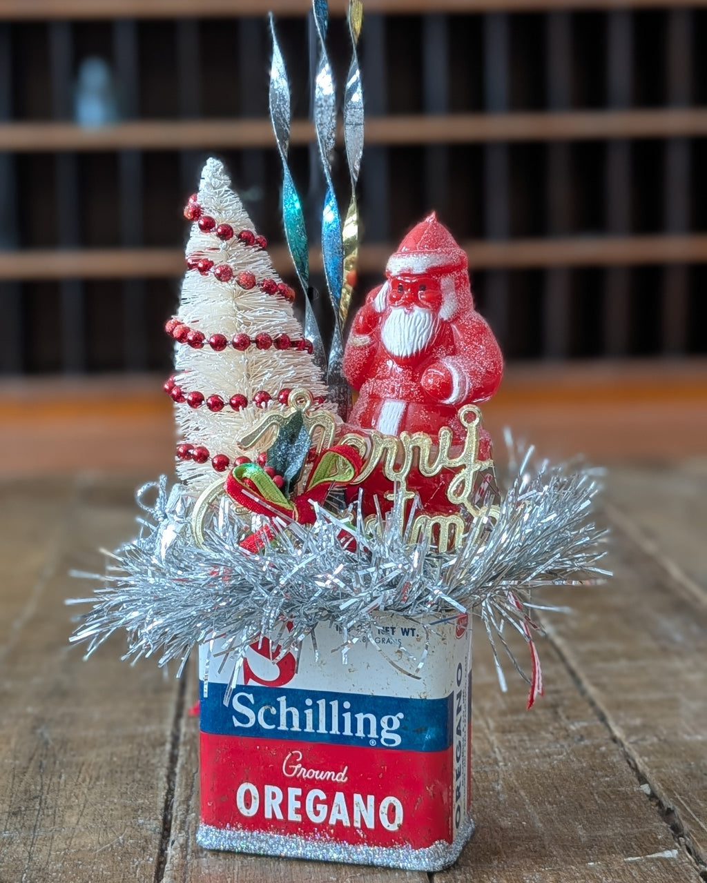 Handcrafted Vintage Oregano Spice Tin Christmas Assemblage