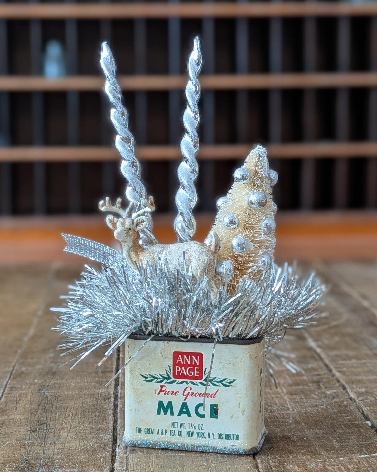 Handcrafted Vintage Mace Spice Tin Christmas Assemblage