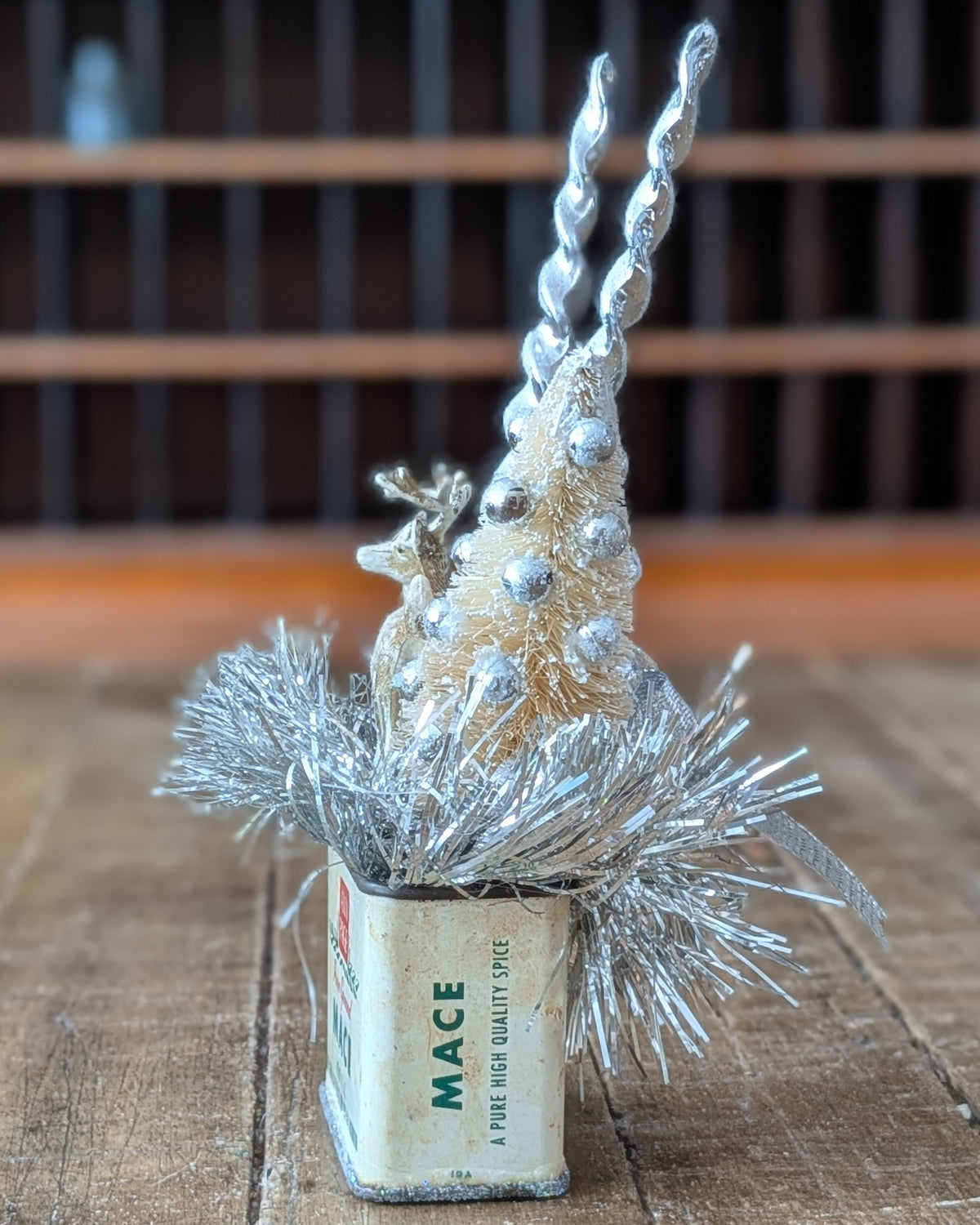 Handcrafted Vintage Mace Spice Tin Christmas Assemblage