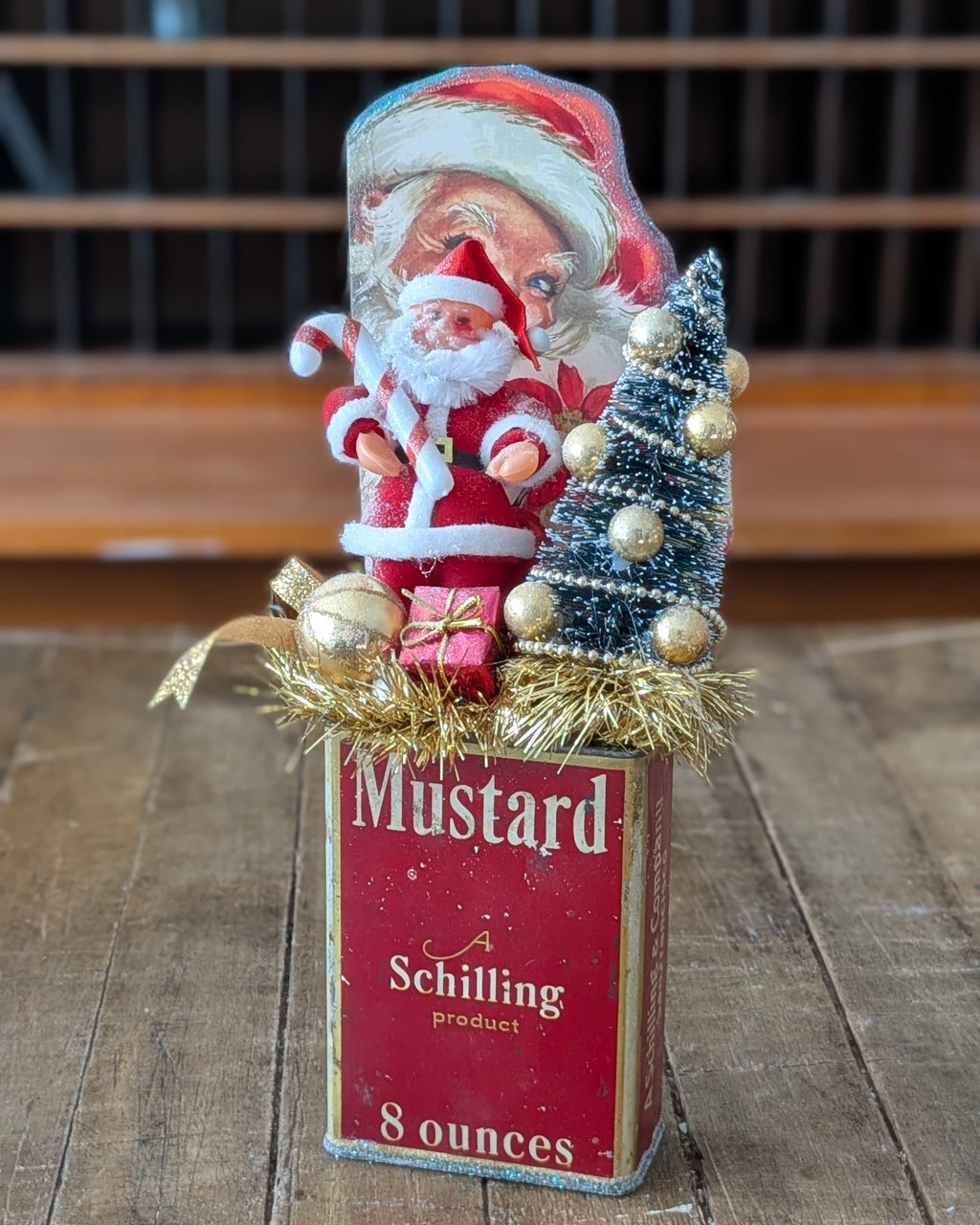 Handcrafted Large Vintage Mustard Spice Tin Christmas Assemblage
