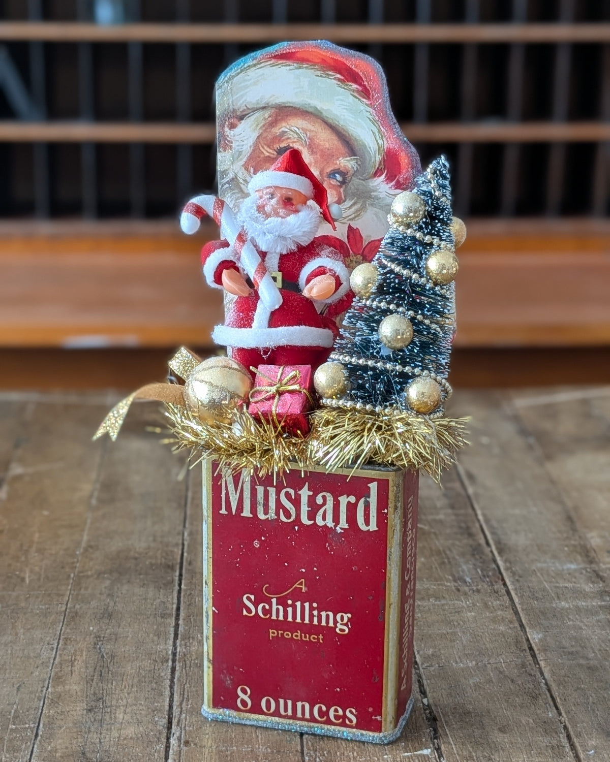 Handcrafted Large Vintage Mustard Spice Tin Christmas Assemblage