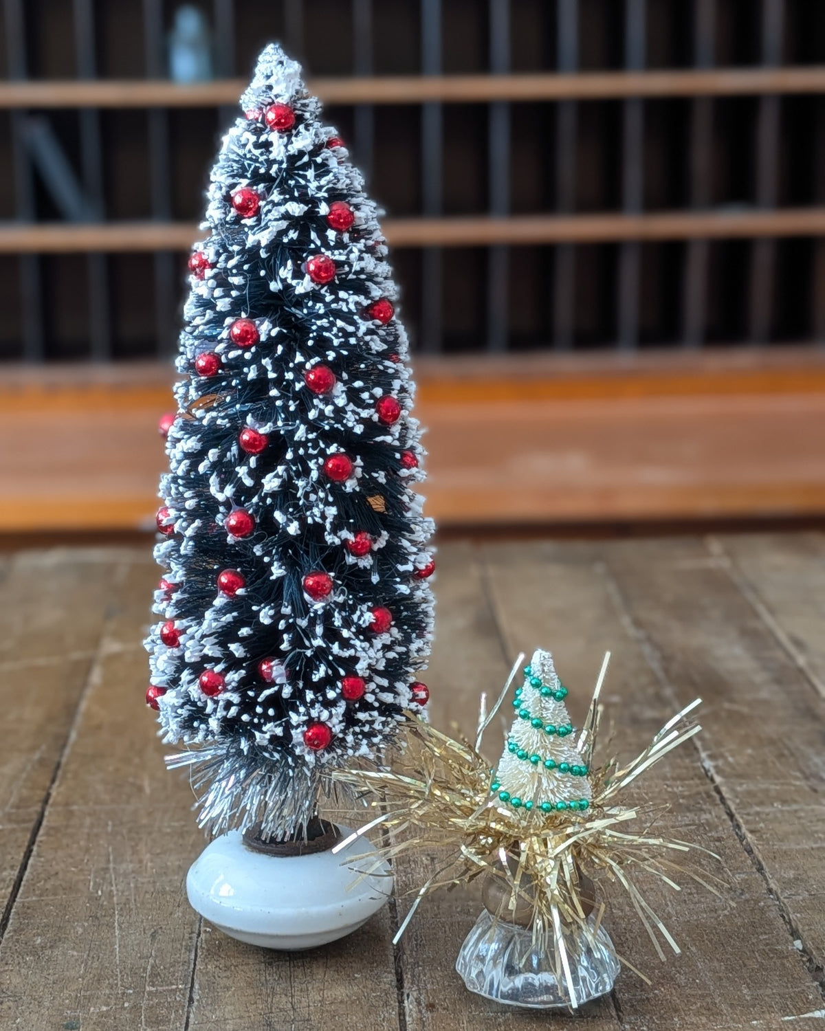Set of 2 Handcrafted Vintage Inspired Decorated Bottle Brush Trees with Antique Doorknob Bases