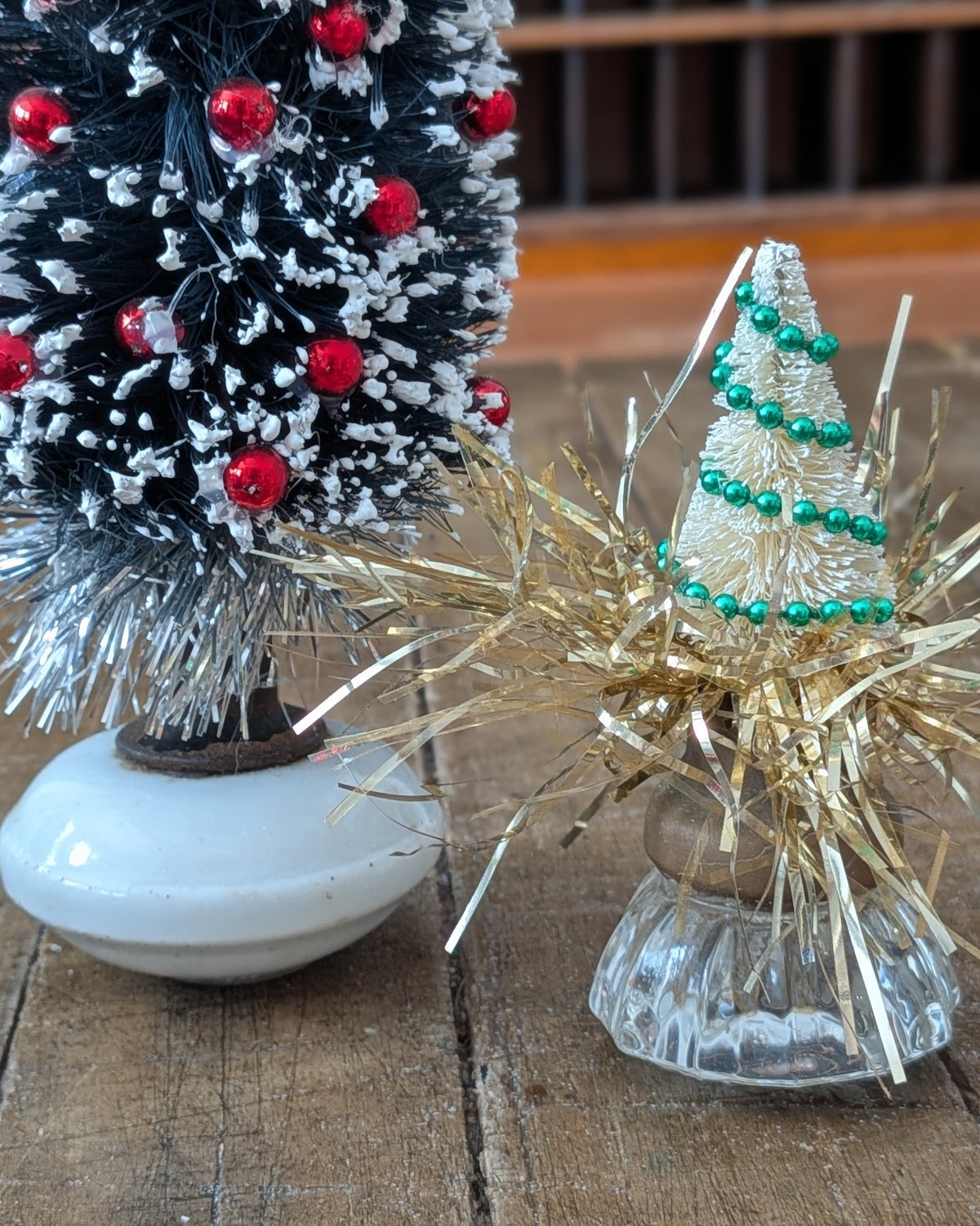 Set of 2 Handcrafted Vintage Inspired Decorated Bottle Brush Trees with Antique Doorknob Bases