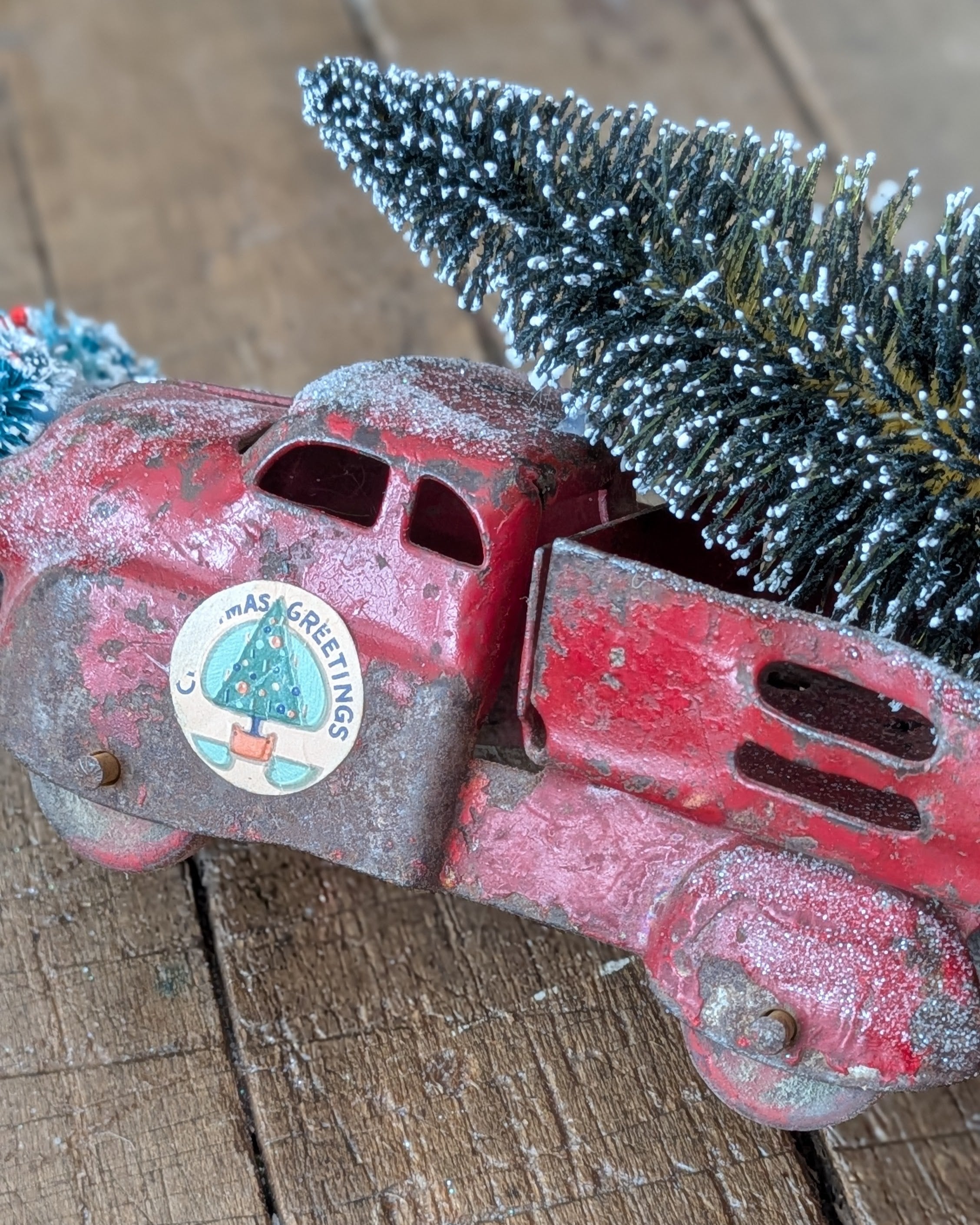 Handcrafted Antique Toy Truck with Bottle Brush Tree & Wreath