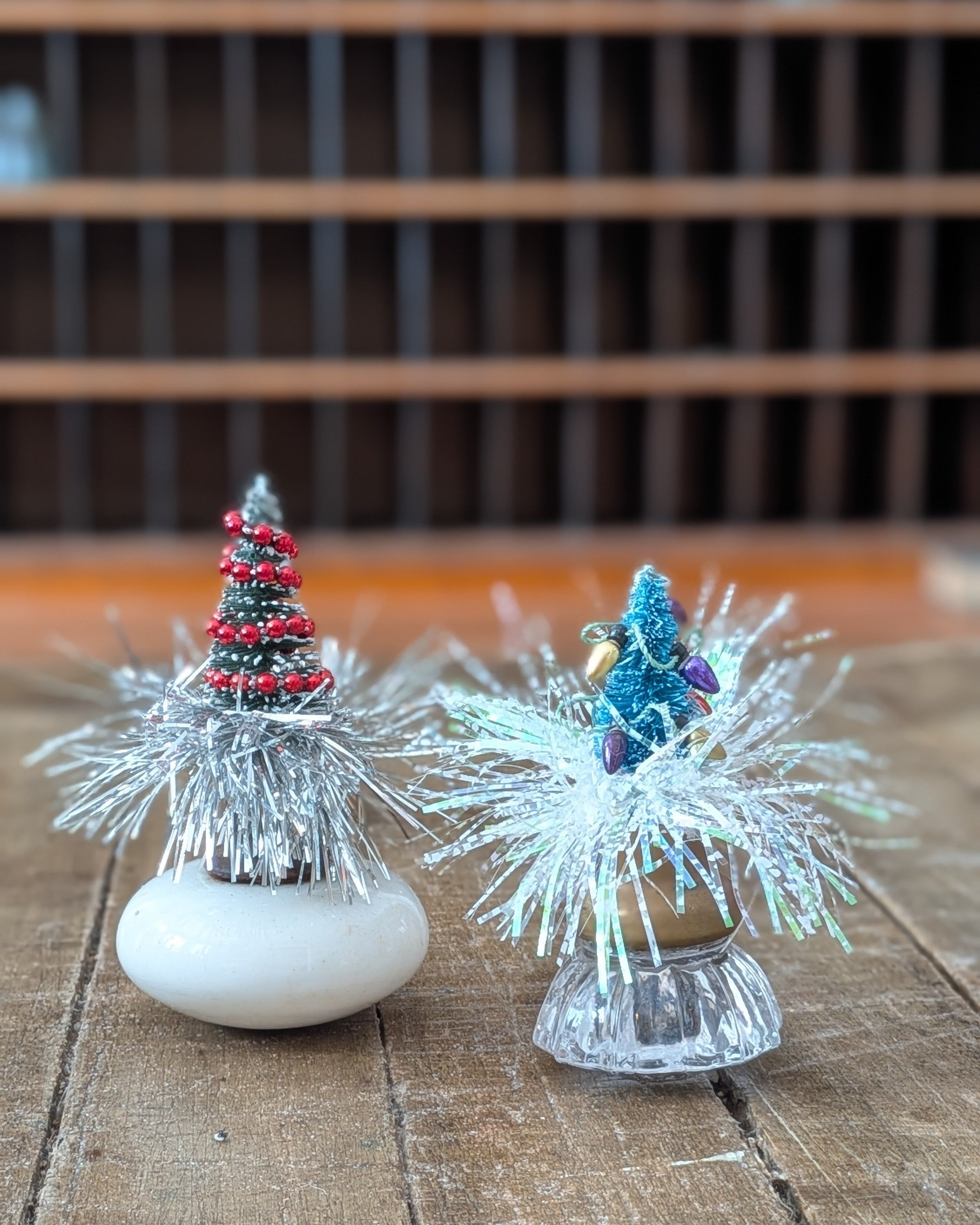 Handcrafted Set of 2 Vintage Inspired Bottle Brush Trees with Antique Doorknob Bases