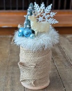 Handcrafted Wooden Spool of Jute Trim with Christmas Assemblage
