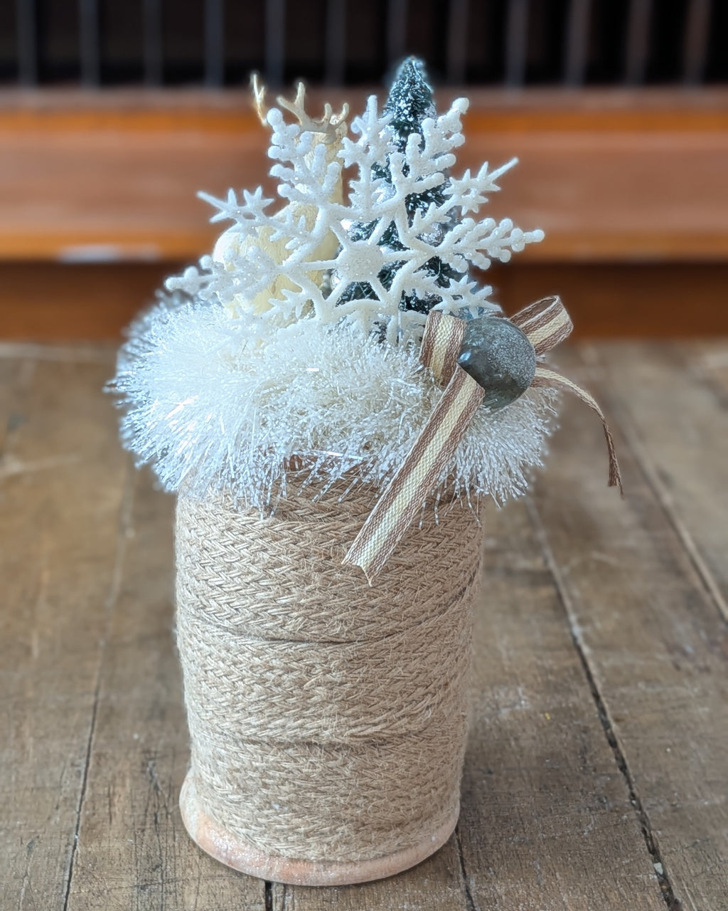 Handcrafted Wooden Spool of Jute Trim with Christmas Assemblage
