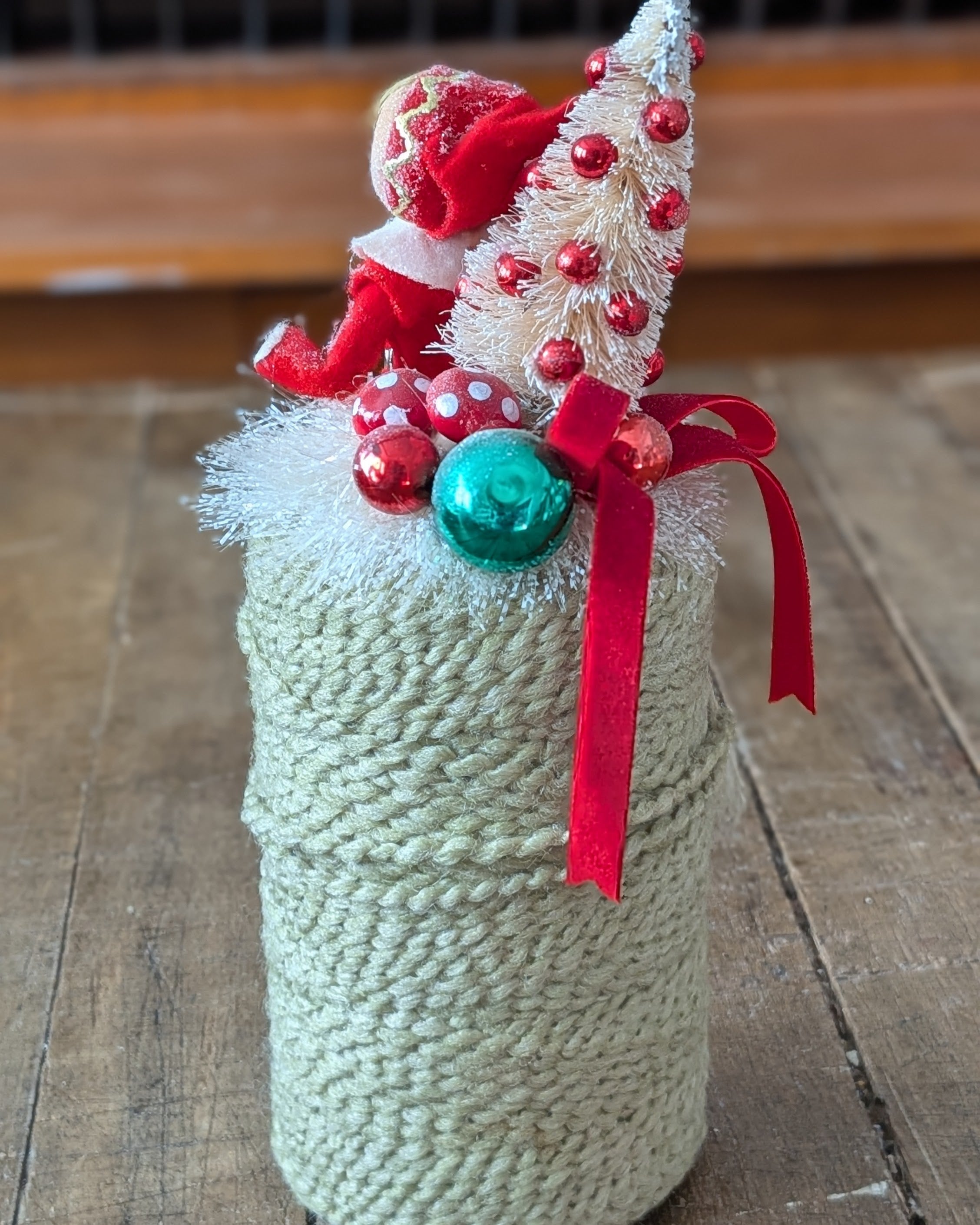 Handcrafted Spool of Green Cord with Christmas Assemblage