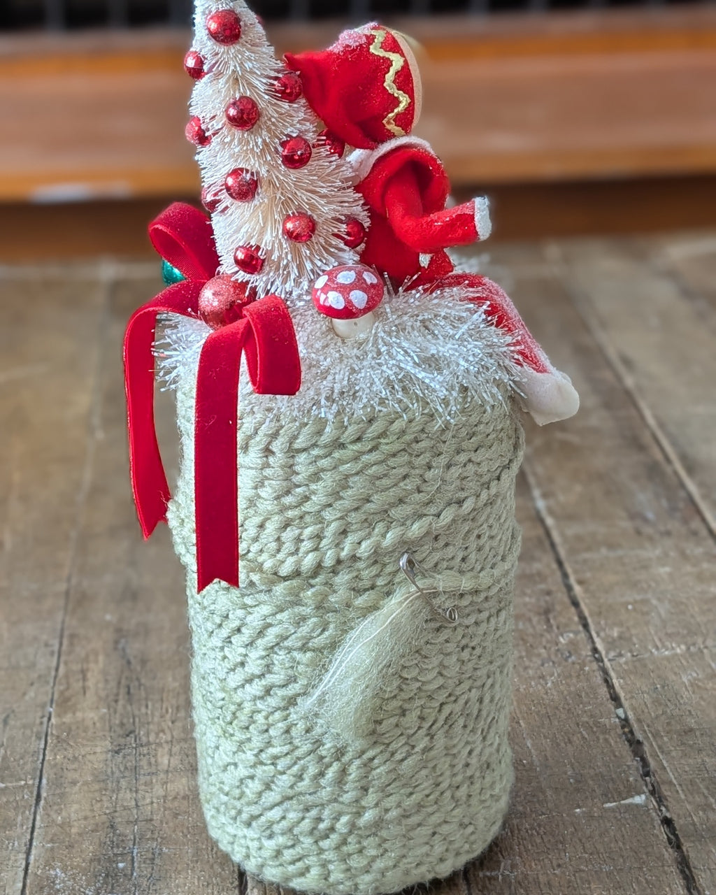 Handcrafted Spool of Green Cord with Christmas Assemblage