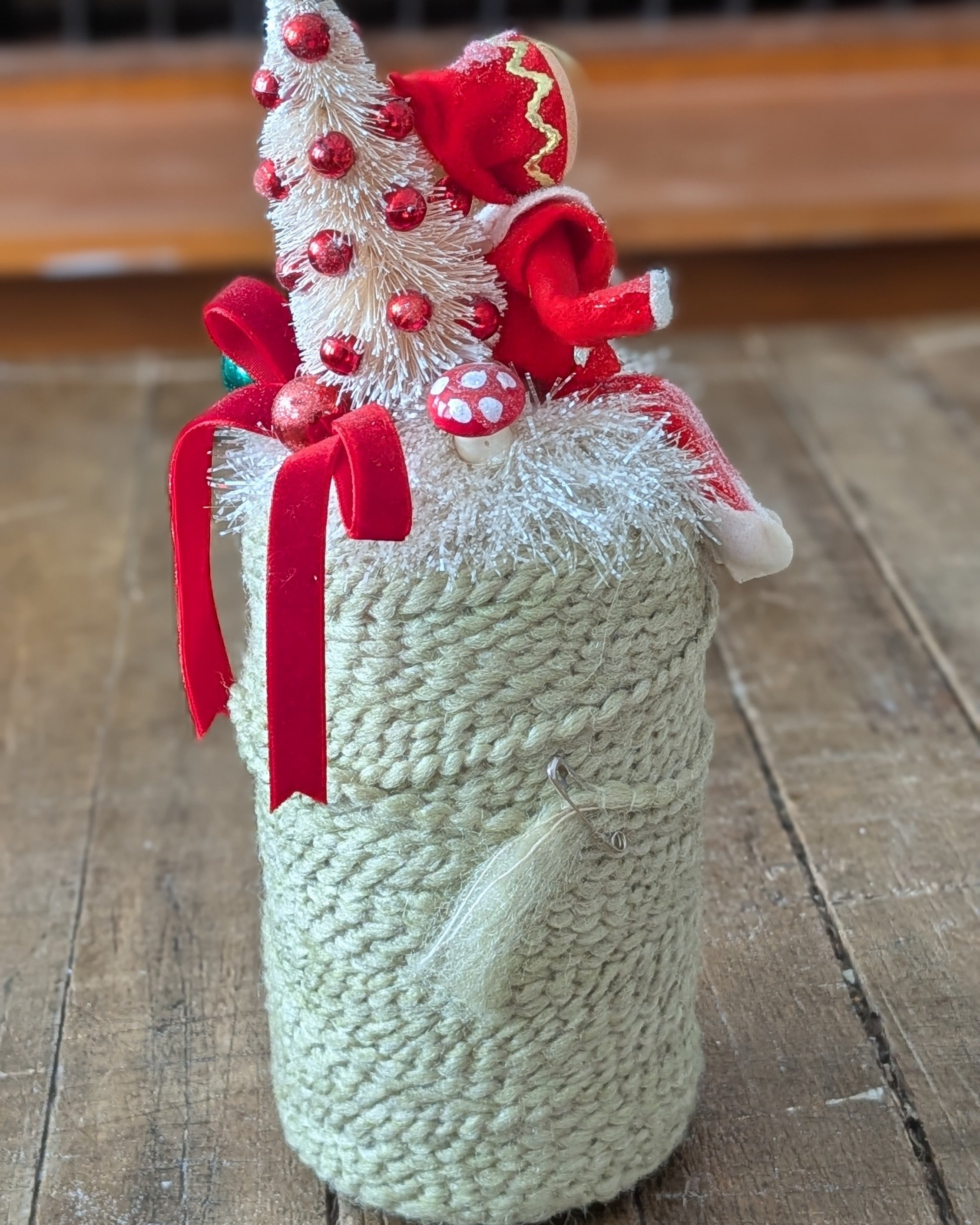 Handcrafted Spool of Green Cord with Christmas Assemblage