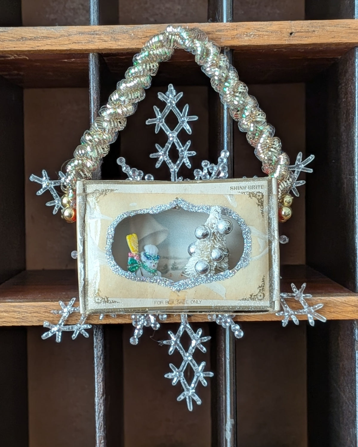 Handcrafted Tiny Vintage Shiny Brites Christmas Decorations Box with Snowman Diorama