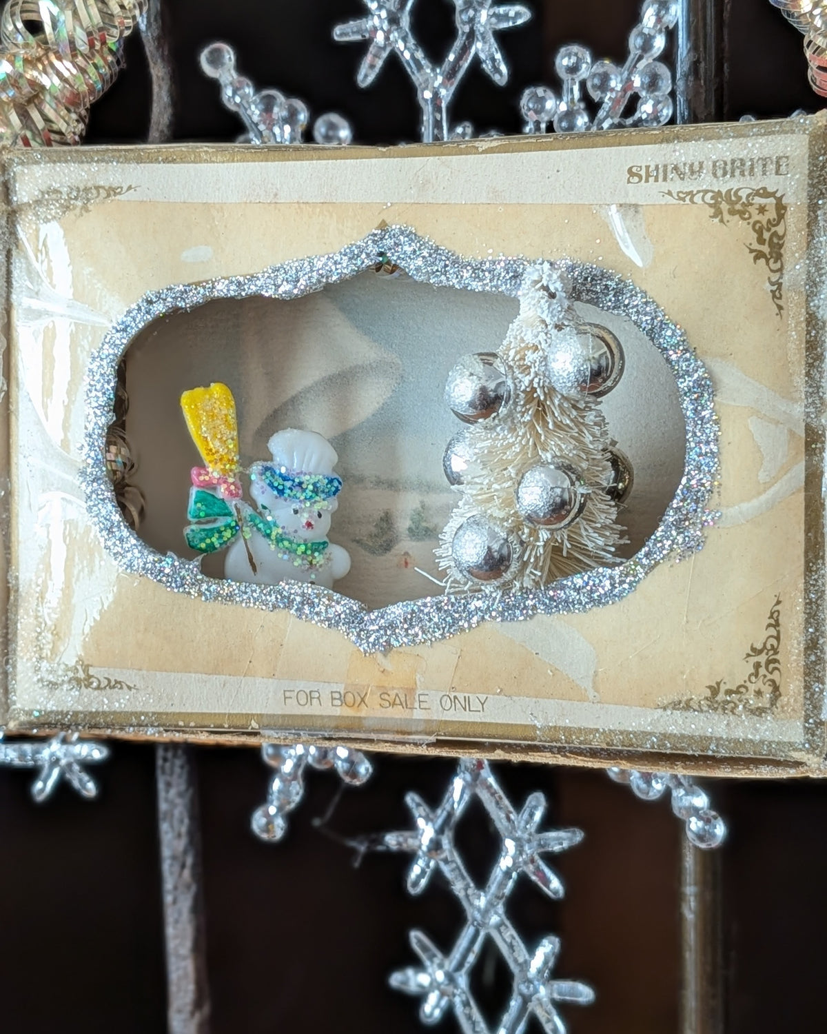 Handcrafted Tiny Vintage Shiny Brites Christmas Decorations Box with Snowman Diorama