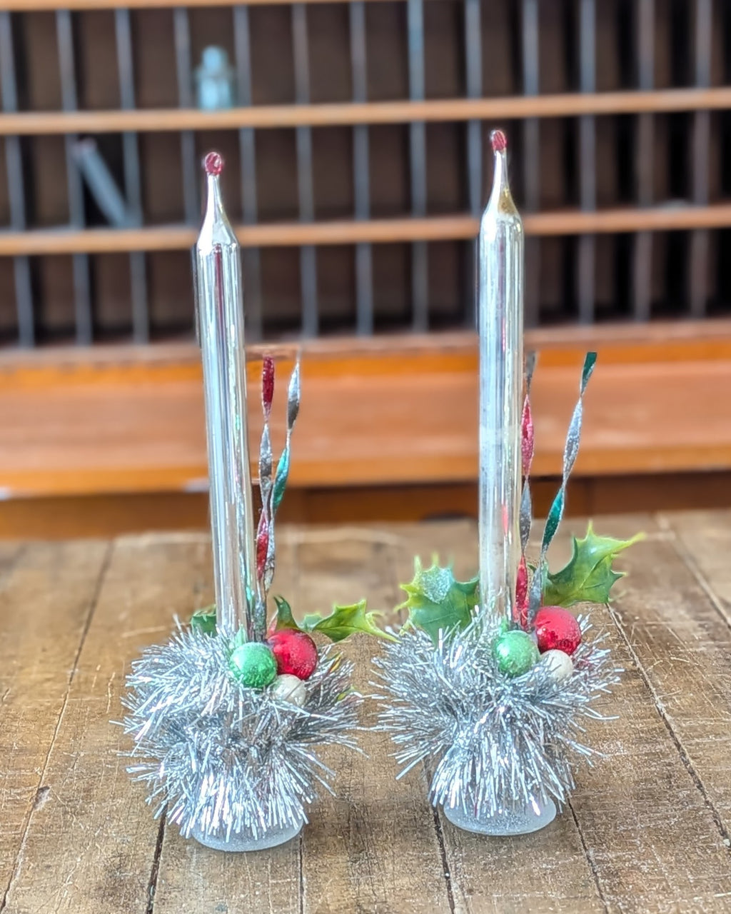 Pair of Vintage Silver Mercury Glass Candles with Handcrafted Embellishments