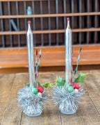 Pair of Vintage Silver Mercury Glass Candles with Handcrafted Embellishments