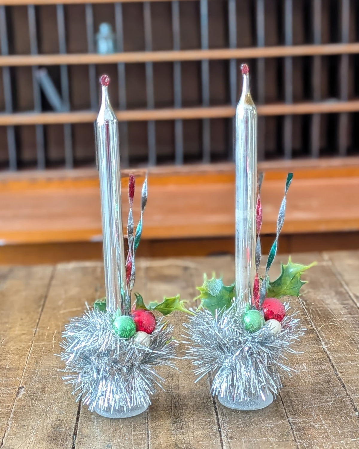 Pair of Vintage Silver Mercury Glass Candles with Handcrafted Embellishments