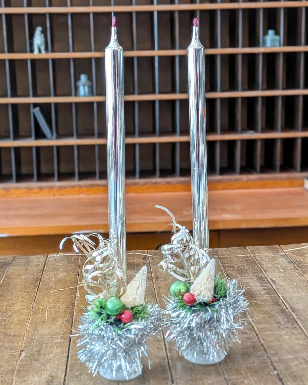 Pair of Vintage Silver Mercury Glass Candles with Handcrafted Embellishments