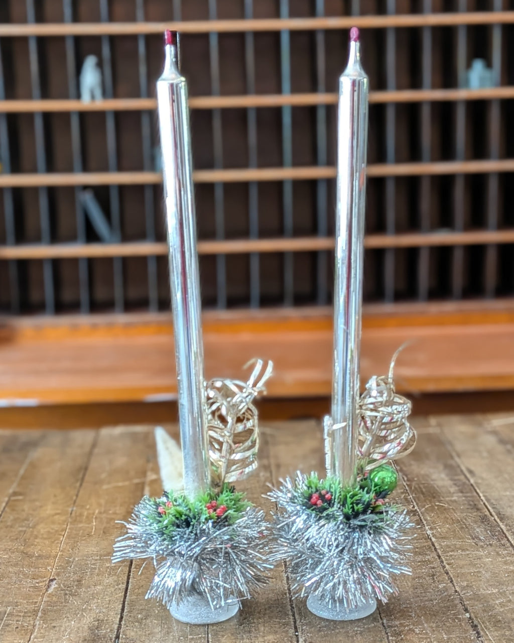 Pair of Vintage Silver Mercury Glass Candles with Handcrafted Embellishments
