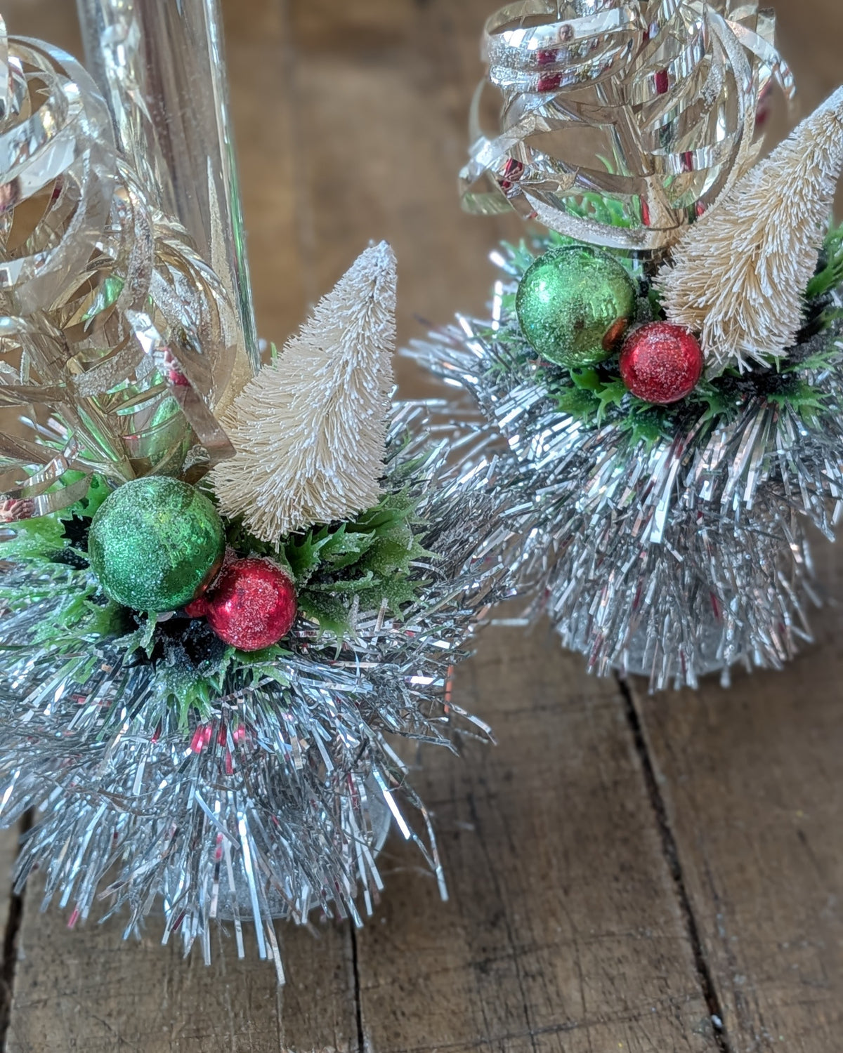 Pair of Vintage Silver Mercury Glass Candles with Handcrafted Embellishments