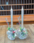 Pair of Vintage Silver Mercury Glass Candles with Handcrafted Embellishments