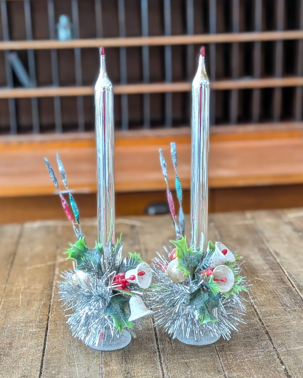 Pair of Vintage Silver Mercury Glass Candles with Handcrafted Embellishments