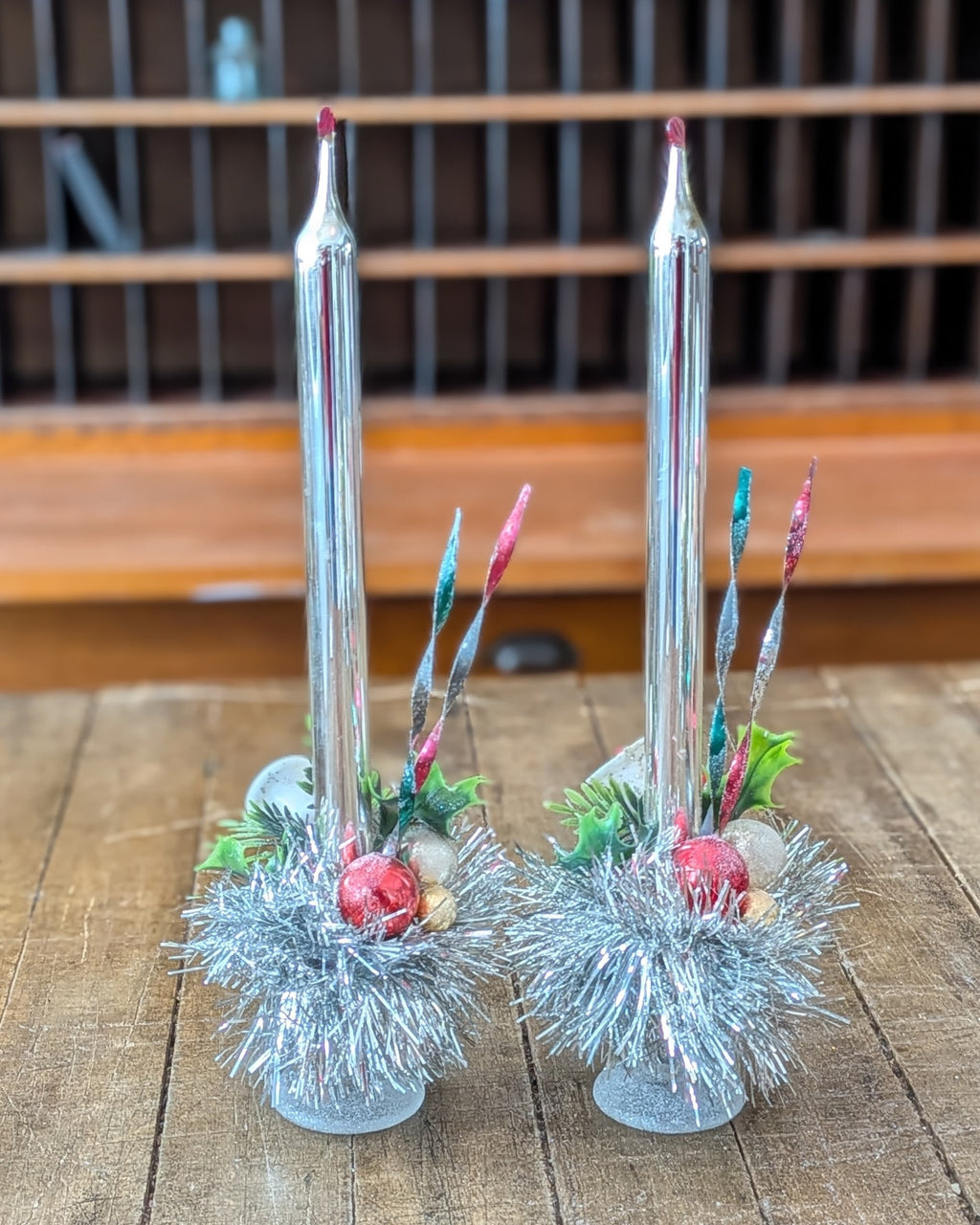 Pair of Vintage Silver Mercury Glass Candles with Handcrafted Embellishments