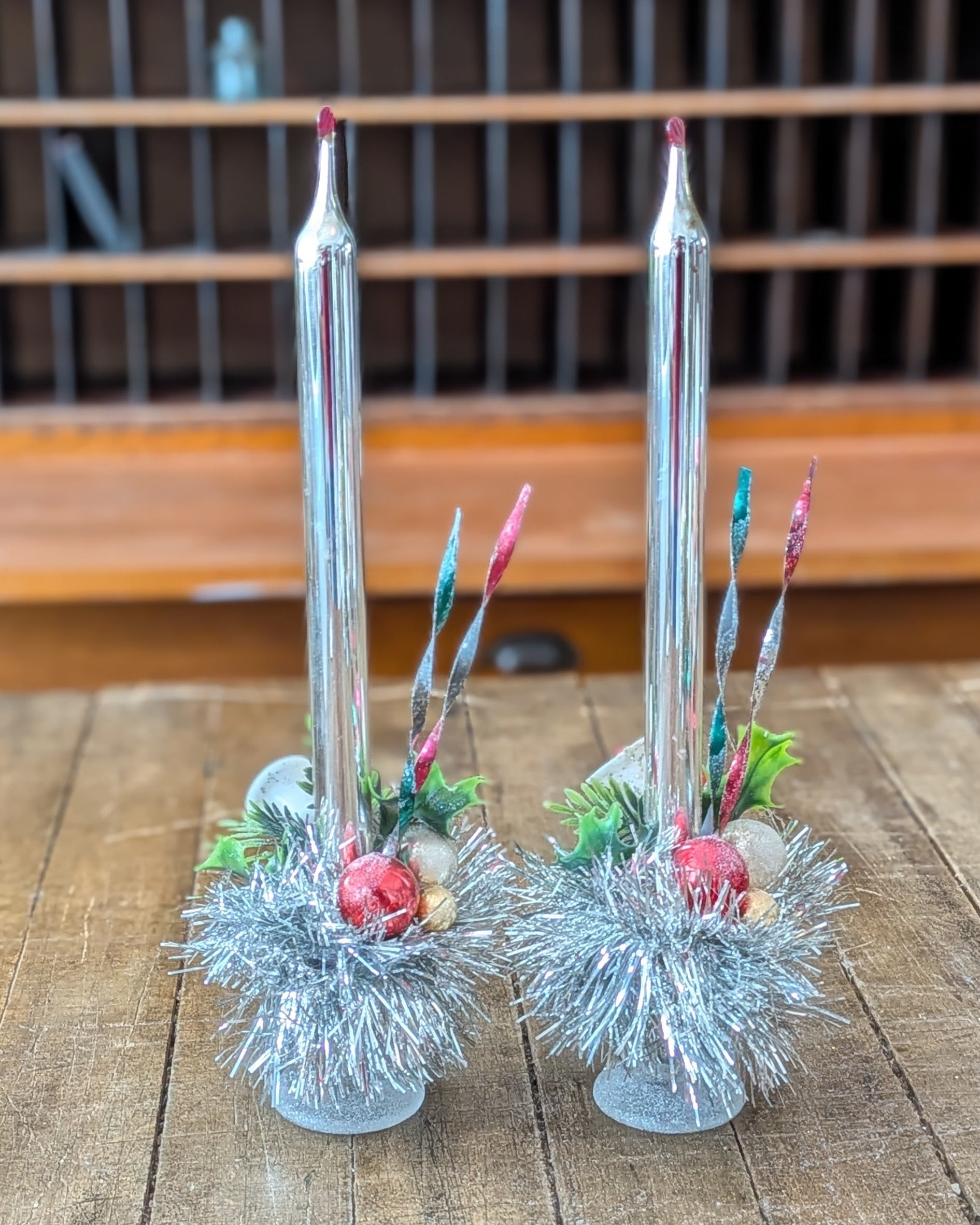 Pair of Vintage Silver Mercury Glass Candles with Handcrafted Embellishments