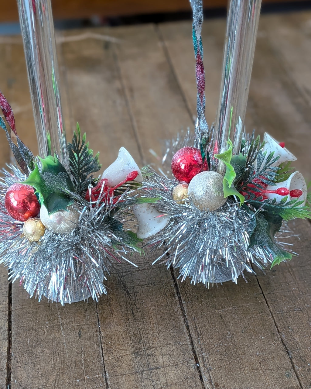 Pair of Vintage Silver Mercury Glass Candles with Handcrafted Embellishments