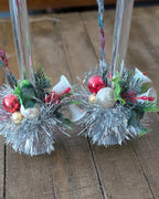 Pair of Vintage Silver Mercury Glass Candles with Handcrafted Embellishments