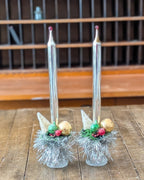 Pair of Vintage Silver Mercury Glass Candles with Handcrafted Embellishments