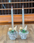 Pair of Vintage Silver Mercury Glass Candles with Handcrafted Embellishments