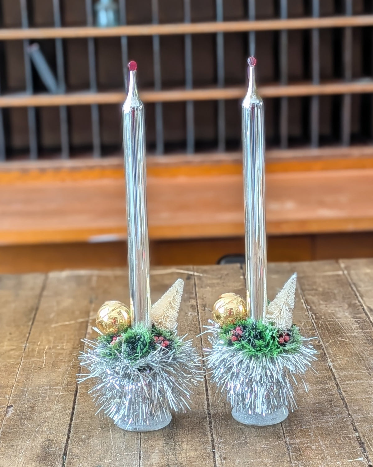 Pair of Vintage Silver Mercury Glass Candles with Handcrafted Embellishments
