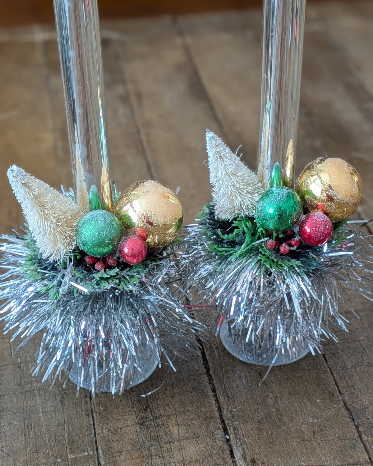 Pair of Vintage Silver Mercury Glass Candles with Handcrafted Embellishments