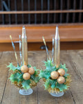 Pair of Vintage Gold Mercury Glass Candles with Handcrafted Embellishments