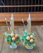 Pair of Vintage Gold Mercury Glass Candles with Handcrafted Embellishments