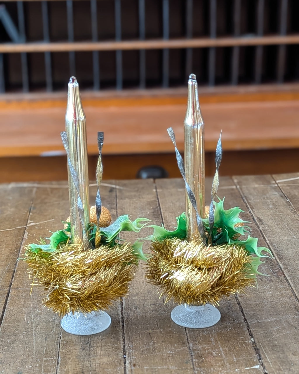 Pair of Vintage Gold Mercury Glass Candles with Handcrafted Embellishments