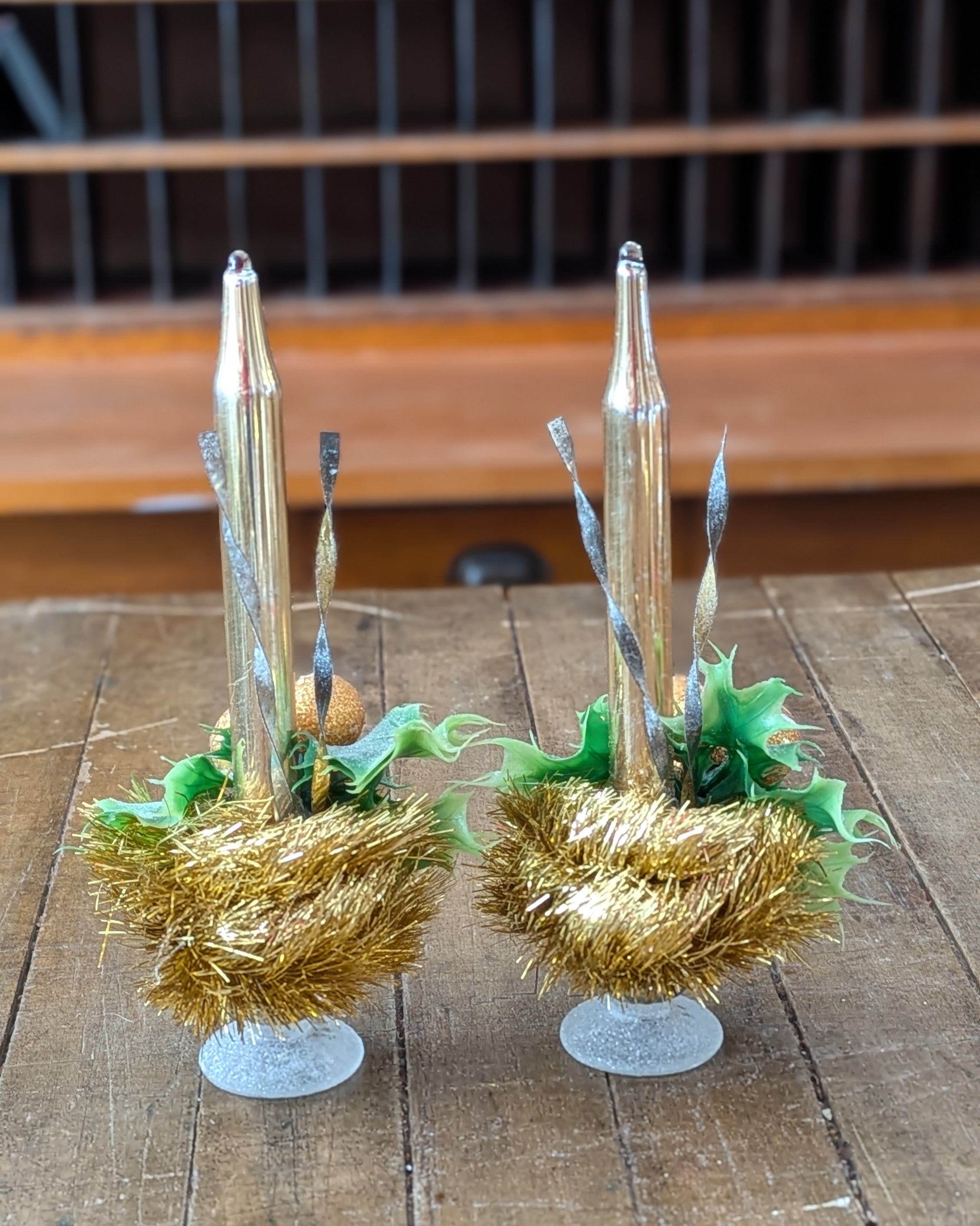 Pair of Vintage Gold Mercury Glass Candles with Handcrafted Embellishments