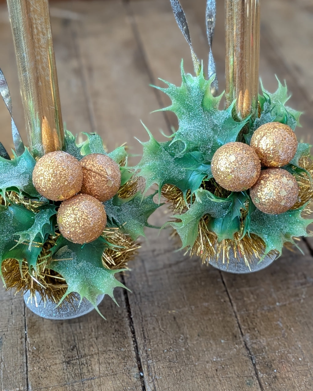 Pair of Vintage Gold Mercury Glass Candles with Handcrafted Embellishments