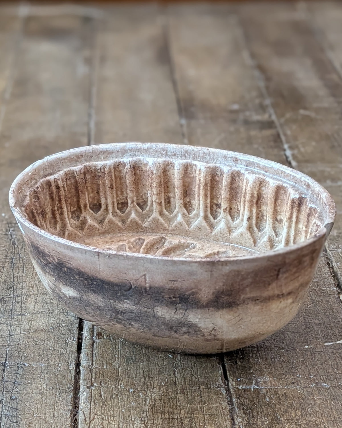 Heavily Stained & Crazed Petite Ironstone Pudding Mold Wheat Sheaf Design, c1890
