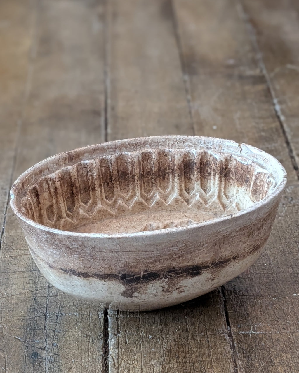 Heavily Stained & Crazed Petite Ironstone Pudding Mold Wheat Sheaf Design, c1890