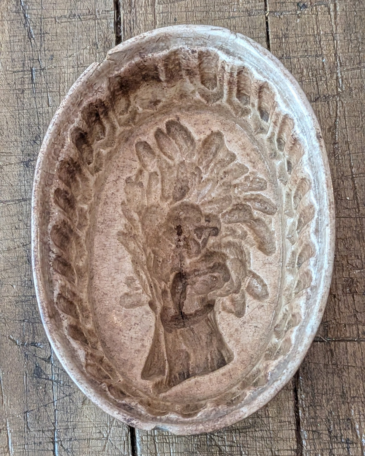 Heavily Stained & Crazed Petite Ironstone Pudding Mold Wheat Sheaf Design, c1890