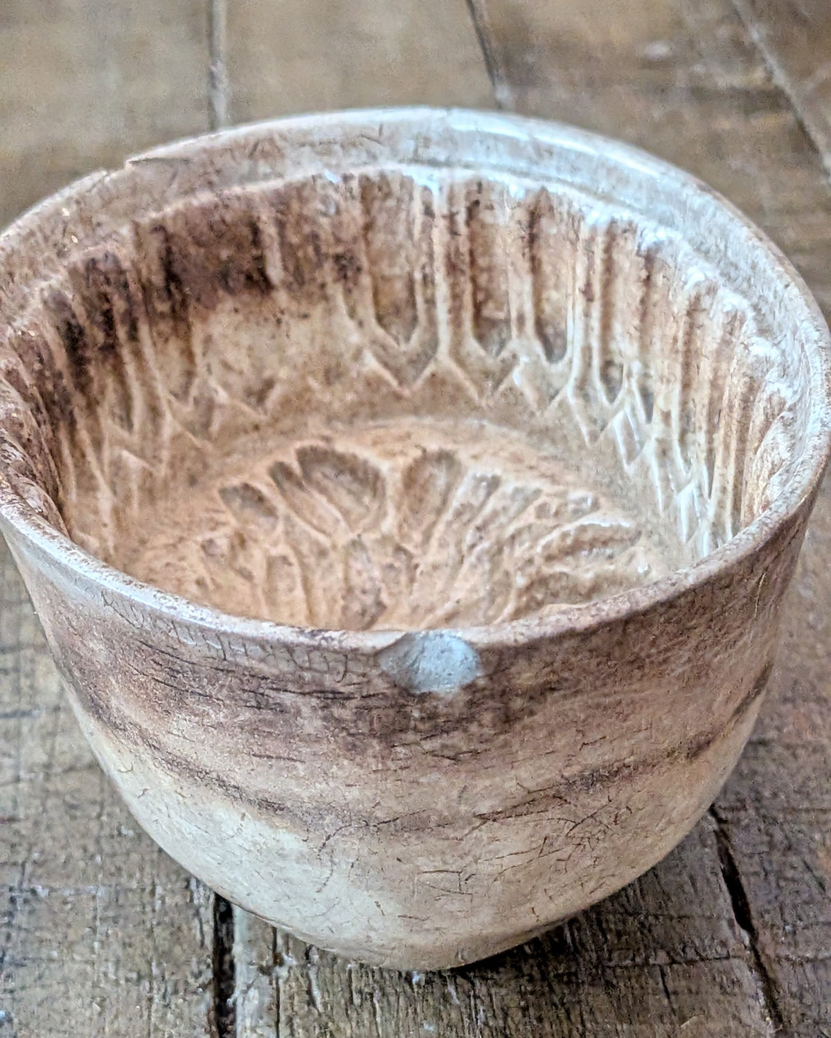 Heavily Stained & Crazed Petite Ironstone Pudding Mold Wheat Sheaf Design, c1890