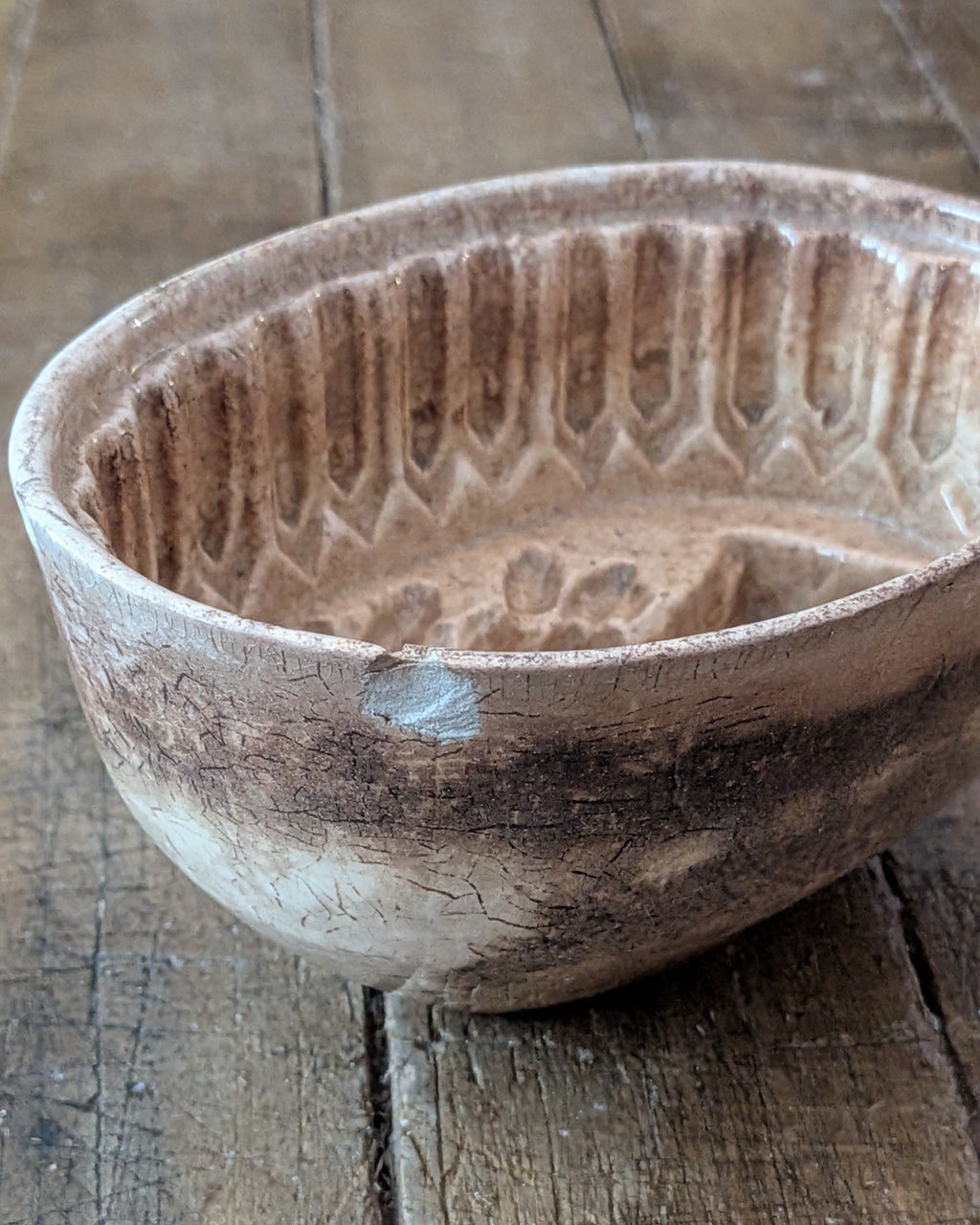 Heavily Stained & Crazed Petite Ironstone Pudding Mold Wheat Sheaf Design, c1890