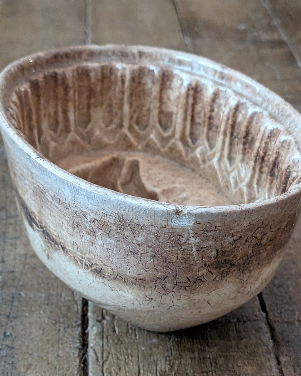 Heavily Stained & Crazed Petite Ironstone Pudding Mold Wheat Sheaf Design, c1890