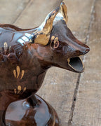 British Jackfield Brown Cow Creamer with Saddle Lid, c1850-1890