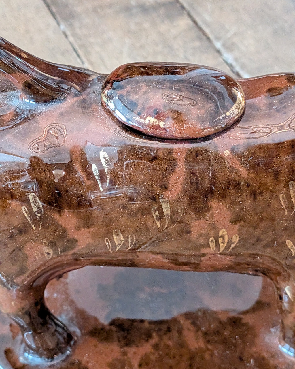 British Jackfield Brown Cow Creamer with Saddle Lid, c1850-1890