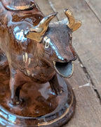 British Jackfield Brown Cow Creamer with Saddle Lid, c1850-1890