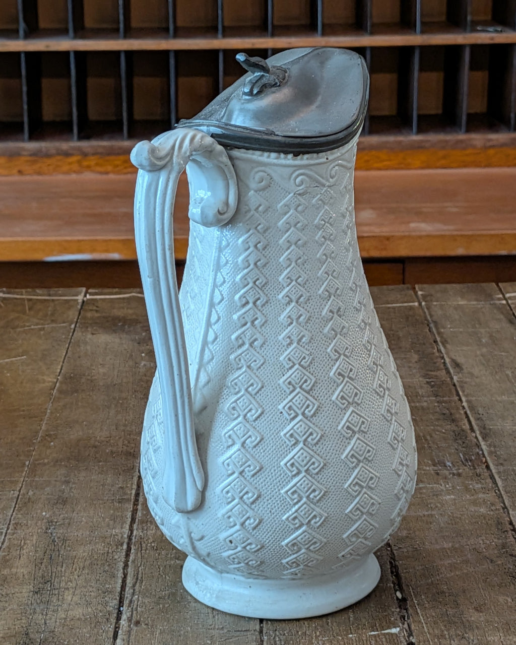 James Dudson "Argyle" Pattern Stoneware Jug with Hinged Pewter Lid, c1865