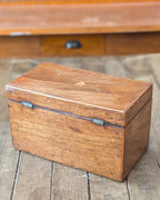 Victorian Wooden Tea Caddy with Shield Inlay on Lid & Diamond Inlay Key Escutcheon, c1810-1850